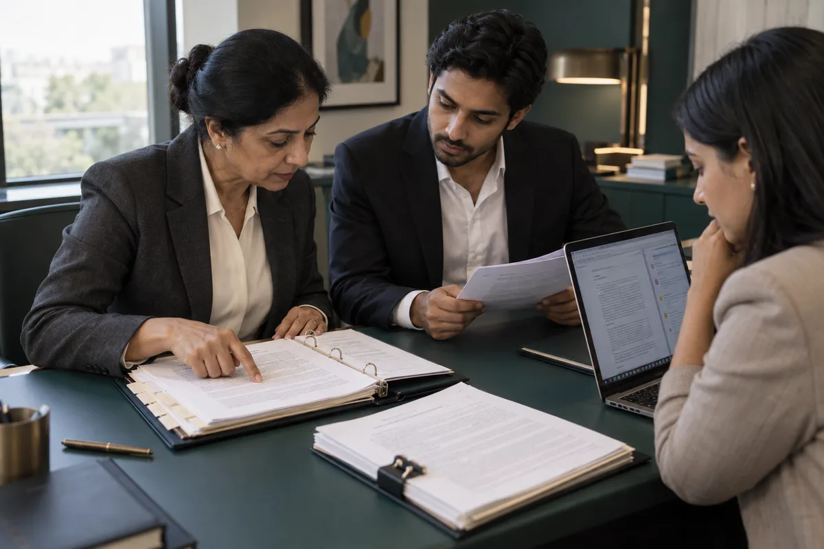 Three fictional legal professionals comparing a tabbed case brief, evidence documents and digital annotations.