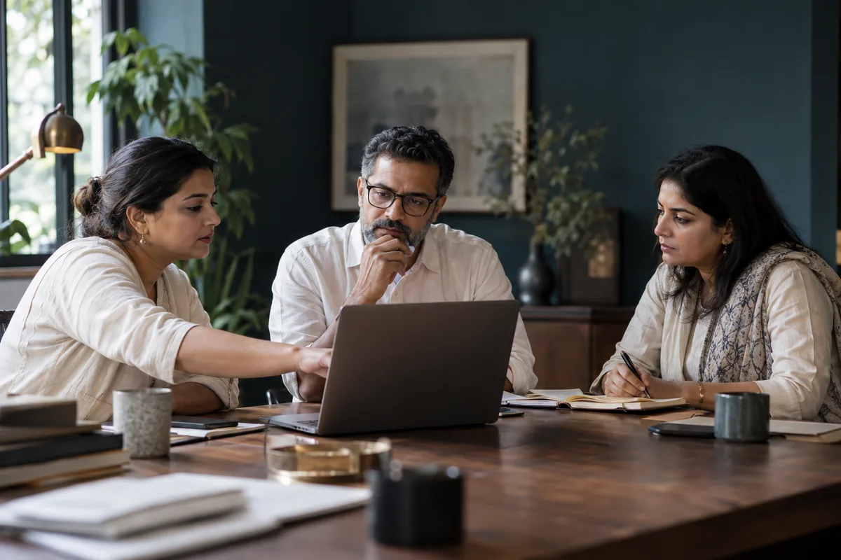 Three fictional professionals review work together in a calm, petrol-toned workspace.
