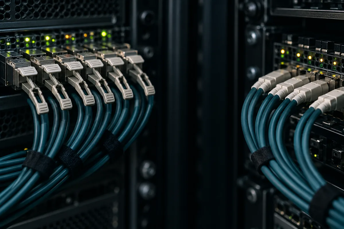 Close-up illustration of separate groups of network interfaces and petrol-coloured cables.
