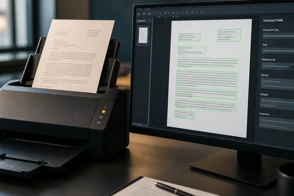 Illustrative scanner and monitor displaying document recognition and extracted fields.