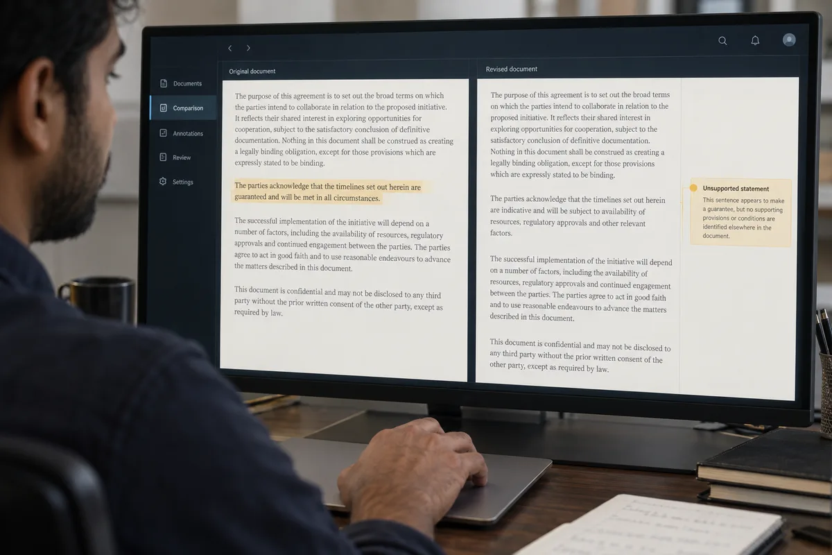 Fictional reviewer comparing a proposed document with revised wording and an unsupported-statement annotation on screen.
